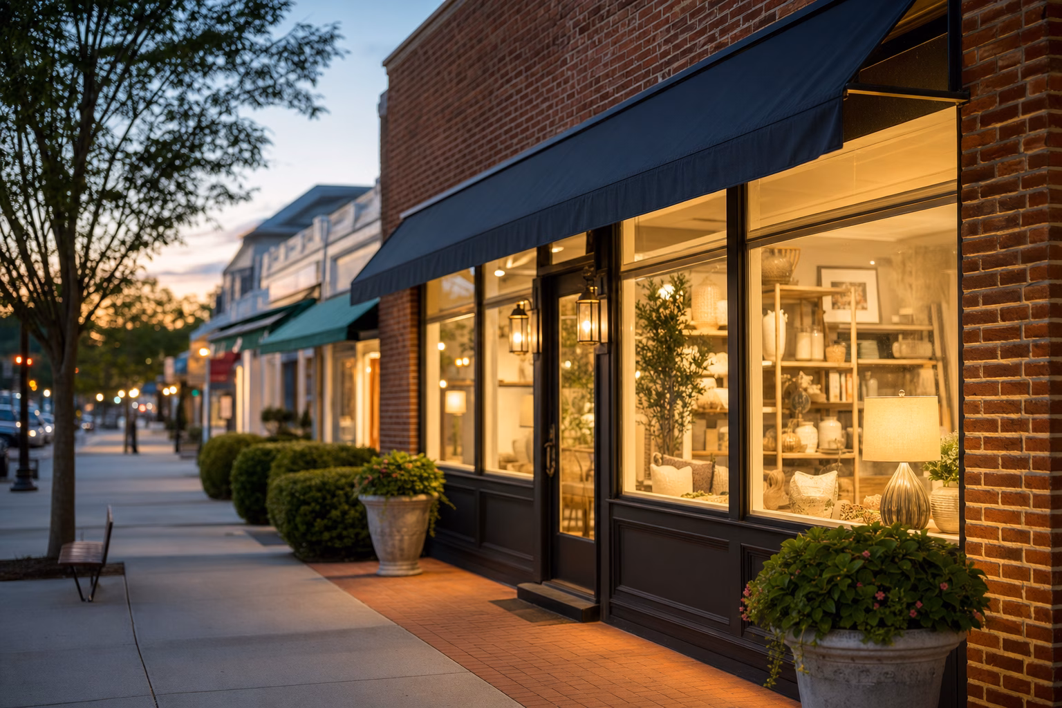 Suburban storefront at dusk in the Five Towns